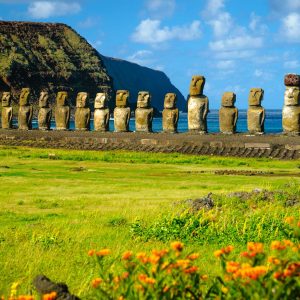 The ancient moai of Ahu Togariki, on Easter Island, some 2,000 miles off the coast of Chile.