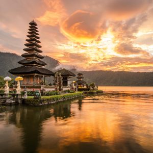 Pura Ulun Danu Bratan, Hindu temple on Bratan lake landscape, one of famous tourist attraction in Bali, Indonesia